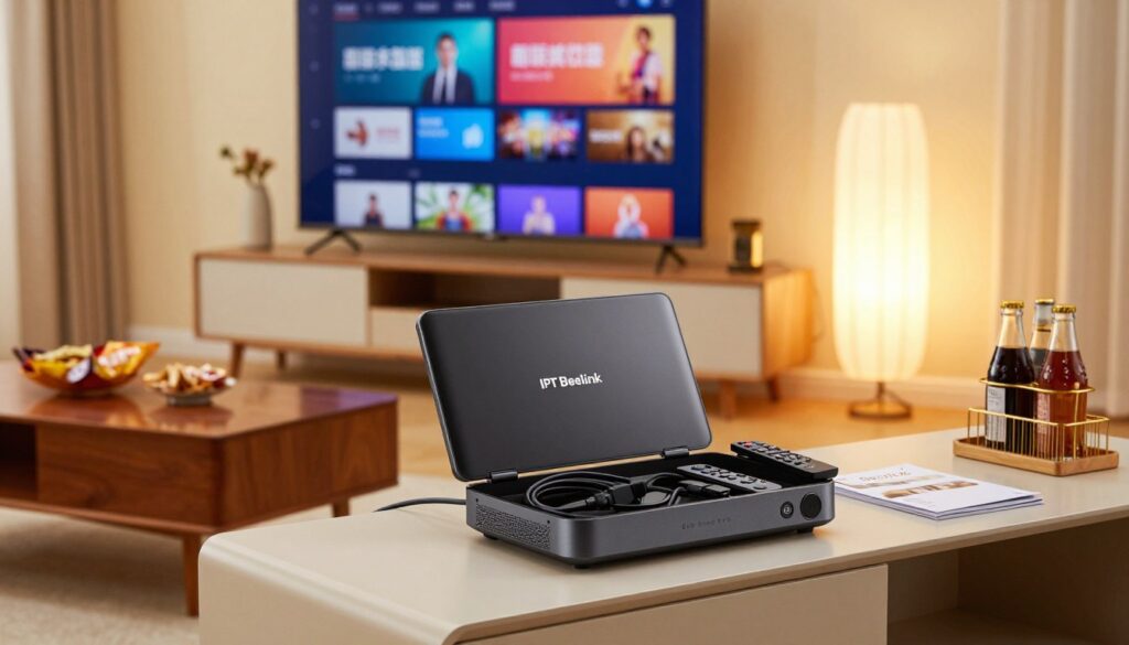 A brightly lit living room setup showcasing the IPTV Beelink GT-King Pro device prominently in the foreground on a sleek modern entertainment stand. The device is elegantly open, revealing its contents including cables, remote control, and setup manual, with a warm, inviting atmosphere. In the middle background, a large, flat-screen TV displays a colorful streaming interface, emphasizing the excitement of a first stream. Soft ambient lighting cascades from stylish lamps, creating a cozy vibe. To the side, a polished wooden coffee table holds a few snacks and a drinks holder, suggesting a casual viewing experience. The angle is slightly tilted upward to capture the intricate details of the device and the TV screen, inviting viewers into the scene.