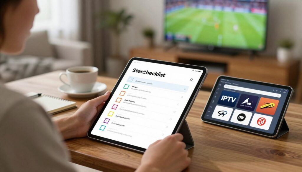 A close-up view of a buyer's checklist for streaming services, displayed on a sleek wooden table. The checklist is adorned with colorful checkboxes and icons representing streaming options like IPTV, live sports, and on-demand content. In the foreground, a stylish tablet shows a comparison chart of various streaming services with sports icons. The middle layer features a cup of coffee and a notepad, suggesting a thoughtful decision-making environment. The background is softly blurred, depicting a cozy living room with a large TV screen showcasing a sports game. Natural light filters through a window, creating a warm and inviting atmosphere. The overall mood is focused and professional, evoking a sense of careful planning and evaluation.