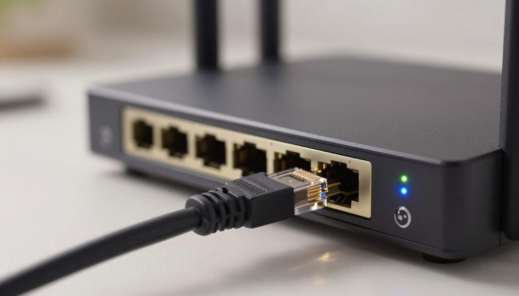 A close-up view of a high-quality Ethernet cable plugged into a sleek router, showcasing the sharp, glossy connectors and bright LED indicators. The foreground features the cable in focus, detailed with a textured surface, while the router's elegant design is elegantly blurred in the background. The setting is a modern home office with a clean, minimalist aesthetic, illuminated by soft, diffused lighting that creates a warm and inviting atmosphere. A subtle bokeh effect enhances the mood, highlighting the importance of a stable internet connection. Capture the essence of technology and connectivity, emphasizing the reliability of Ethernet for streaming high-definition content.