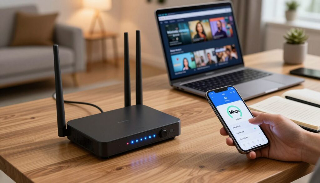A close-up view of a high-quality modem and router setup on a stylish wooden desk, with LED indicators glowing softly to indicate a stable internet connection. In the foreground, a hand holds a smartphone displaying a speed test app with a high Mbps reading. The middle layer features a laptop open with streaming content visible on the screen, and a notepad with written notes on diagnosing buffering issues beside it. In the background, a well-lit modern living room with ambient lighting creates a cozy and tech-savvy atmosphere. The overall mood feels professional yet accessible, showcasing the importance of a strong internet connection for IPTV services in England. The image should have a soft focus on the background to highlight the foreground elements.
