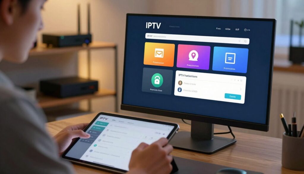A close-up view of a professional-looking computer screen displaying a sleek IPTV activation interface, with vibrant icons representing payments and account access. In the foreground, a focused individual in business attire is interacting with the device, using a digital tablet to complete the activation process. The middle ground features soft, ambient lighting, enhancing the modern workspace atmosphere. The background includes blurred shelves filled with tech devices such as streaming boxes and routers, hinting at the technology theme. The image should convey a sense of ease and professionalism in setting up IPTV services, with a warm color palette that promotes a welcoming environment. Focus on clarity and detail in the interface design for an engaging visual experience.