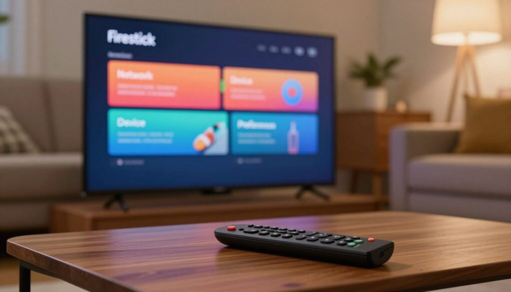A close-up view of a television screen displaying the Firestick Android settings menu, set in a cozy living room environment. In the foreground, the Firestick remote lies on a sleek wooden coffee table, emphasizing its importance in navigating settings. In the middle, the television screen is illuminated, showcasing a user-friendly interface with clearly defined options such as 'Network', 'Device', and 'Preferences', highlighted in vibrant colors. The background features a comfortable sofa and soft ambient lighting that creates a warm, inviting atmosphere. Use a 50mm lens to capture the details, with soft bokeh on the background for depth. The mood is informative and approachable, perfect for guiding users in assembling their Firestick Android settings efficiently.