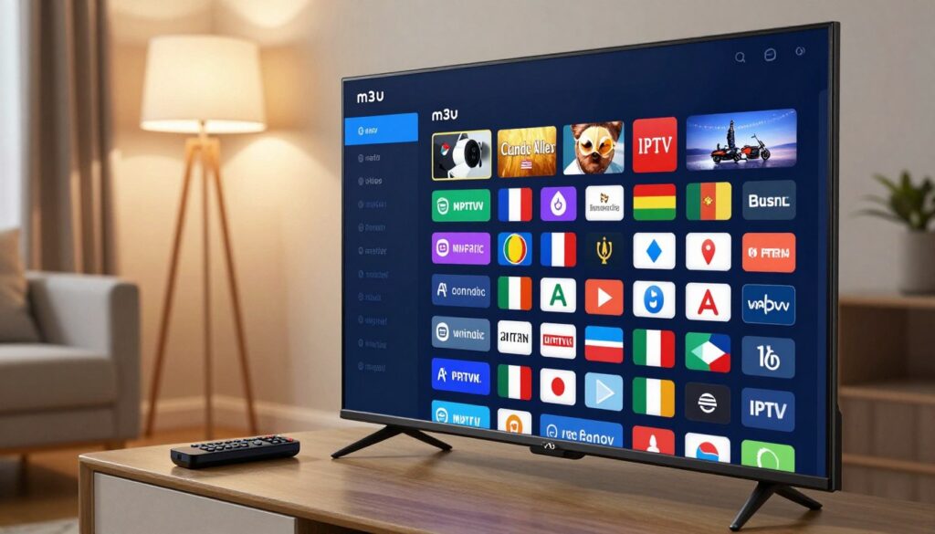 A close-up view of an m3u playlist displayed on a sleek modern smart TV in a well-lit living room setting. The foreground features the TV screen showing a colorful, organized list of IPTV channels, each with distinctive icons representing various countries, reflecting diversity. In the middle ground, a stylish coffee table hosts a remote control and a streaming stick, hinting at user interaction. The background includes soft, ambient lighting from standing lamps, creating a cozy atmosphere. The angle captures both the TV and the inviting room space, emphasizing a seamless integration of technology in daily life. The overall mood is informative yet relaxed, suitable for home entertainment enthusiasts.