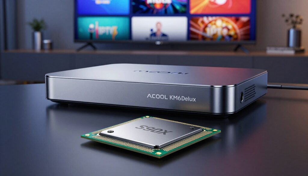 A close-up view of the Amlogic S905X4 chipset prominently featured in a sleek, modern setting. The foreground highlights the intricacies of the chip, showcasing its metallic texture and engraved details, with high contrast lighting emphasizing its contours. In the middle ground, a stylish Android TV box, like the Mecool KM6 Deluxe, serves as the backdrop, elegantly designed with smooth curves and a glossy finish. The background consists of a softly blurred living room ambiance, featuring a flat-screen TV displaying IPTV content in vibrant colors, hinting at the purpose of the hardware. The overall mood is dynamic and tech-focused, conveying a sense of high performance and modern entertainment technology. The image is sharp and professionally lit, resembling an advertisement for cutting-edge electronics.