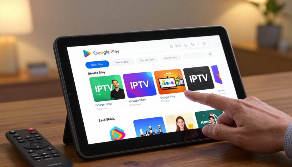A close-up view of the Google Play Store interface on an Nvidia Shield Pro device screen, vividly showcasing the app installation process for IPTV. In the foreground, the Nvidia Shield remote control lies beside the device, and a hand (wearing a modest business shirt) is tapping the screen. The middle layer features the Google Play Store's vibrant app selection, with colorful IPTV app icons prominently displayed. The background shows a cozy living room setting, softly illuminated by warm ambient lighting from a nearby lamp, creating a relaxed atmosphere. The angle is slightly angled from above, emphasizing the interaction and the technology, inviting viewers into the installation experience. The overall mood is tech-savvy and welcoming, perfect for guiding users through the process.