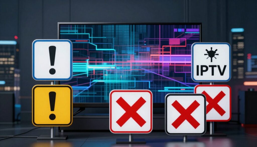 A collection of warning signs symbolizing unreliable IPTV services, arranged prominently in the foreground. Each sign displays vivid colors and universal symbols like exclamation marks and red crosses, set against a sleek, modern digital backdrop. The middle layer features an abstract representation of a malfunctioning TV screen, flickering with distorted imagery. In the background, a blurred outline of a cityscape suggests a fast-paced technological environment. The lighting is dramatic, casting sharp shadows and highlighting the signs, creating an urgent and cautionary atmosphere. A shallow depth of field focuses on the signs while softly blurring the background, enhancing the sense of importance of the content displayed. The overall mood is serious and alert, stressing the necessity of vigilance in choosing IPTV services.
