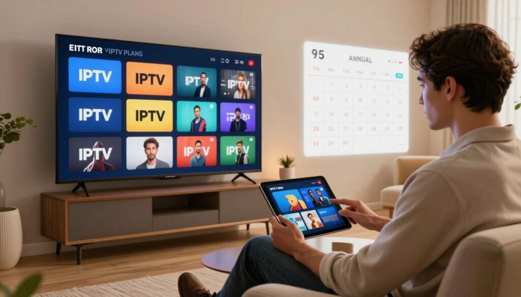 A conceptual illustration depicting the value of yearly IPTV plans, featuring a sleek, modern living room in the foreground. A large screen displays vibrant IPTV channel options, with a digital calendar on the wall highlighting the annual subscription timeline. In the middle, a sophisticated, professional individual reviews a tablet, dressed in smart casual attire, evaluating the benefits of a yearly plan. The background features a cozy ambiance with soft lighting and contemporary furniture, creating an inviting atmosphere. Use warm colors to convey a sense of satisfaction and long-term security, captured with a slightly elevated angle to emphasize the engagement with technology. The overall mood should reflect professionalism and informed decision-making.