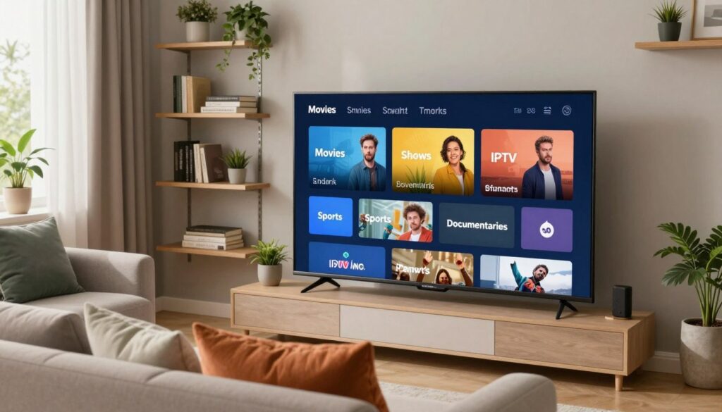 A contemporary living room featuring a large, modern Smart TV displaying an organized content menu for IPTV services. In the foreground, a comfortable sofa in neutral tones with colorful throw pillows invites relaxation. The middle ground showcases the TV prominently, with an elegant interface displaying categorized content like "Movies," "Shows," "Sports," and "Documentaries" arranged neatly for quick access. The background includes stylish shelves decorated with books and potted plants, enhancing the room's ambiance. Soft, natural lighting filters in through a window, creating a warm and inviting atmosphere, captured from a slightly elevated angle to emphasize the TV and content organization. The overall mood is relaxed and user-friendly, perfect for an entertaining and functional space.