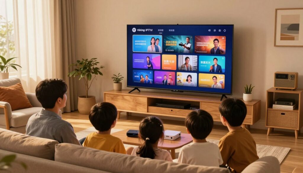 A cozy family living room basked in warm, inviting light, featuring a modern large-screen IPTV setup displaying a vibrant array of channels on the screen. In the foreground, a family of four, dressed in casual clothing, is gathered together, their faces illuminated by the colorful images from the IPTV. In the middle, the living room is adorned with comfortable furniture, playful decor, and a few streaming devices scattered around, emphasizing the theme of entertainment. The background shows a window with soft drapes, allowing natural light to filter in, creating a warm atmosphere. The overall mood is joyful and engaging, highlighting the concept of family entertainment and the endless streaming possibilities provided by Viking IPTV.