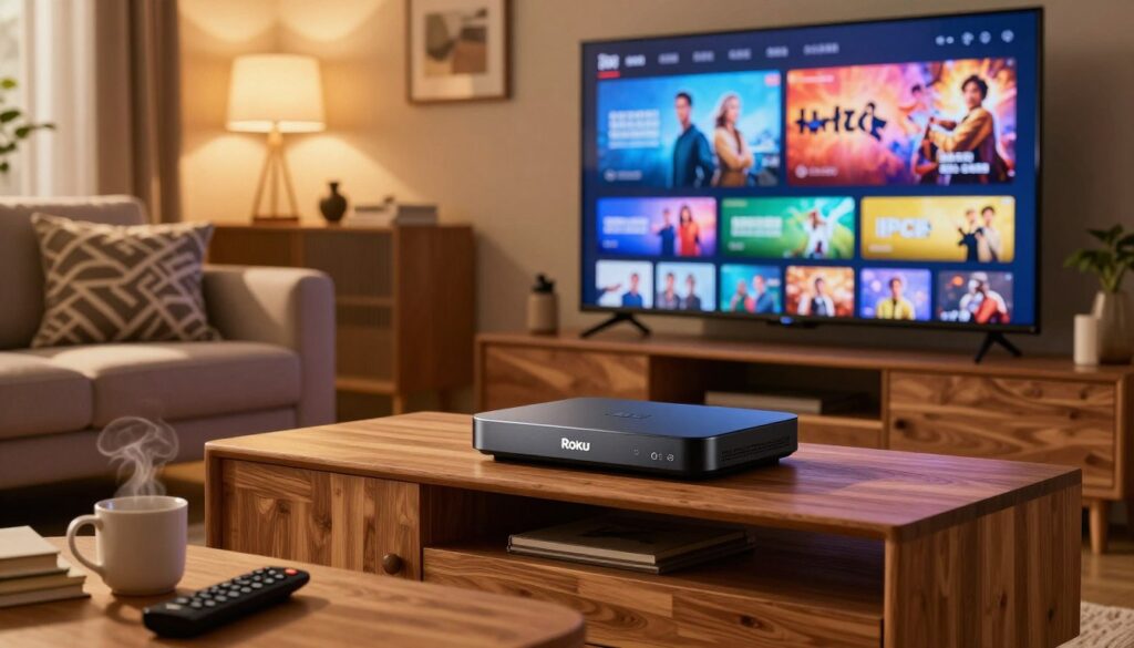 A cozy living room scene featuring a sleek, modern Roku Ultra streaming device prominently displayed on a stylish wooden entertainment center. In the foreground, a large flat-screen TV showcases vibrant IPTV channels, displaying a variety of colorful content ranging from movies to sports. The middle layer includes plush sofas with decorative cushions, inviting viewers to relax. The background features warm ambient lighting from lamps, creating a comfortable atmosphere. Soft shadows dance across the room, enhancing the inviting feel. A coffee table holds a remote control and a steaming mug, emphasizing a casual, lounge setting. The overall mood is warm and welcoming, perfect for family entertainment.