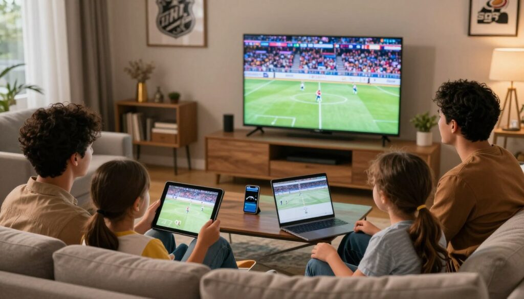 A cozy living room scene showcasing a modern family engaging with various devices while watching an NHL game. In the foreground, a diverse group of three family members, dressed in casual yet smart clothing, are seated on a comfortable sofa with a tablet and a laptop. The middle ground features a large flat-screen TV displaying an NHL game, with lively colors illuminating the room. A smartphone rests on the coffee table, indicating multi-device support. The background includes a well-decorated wall with sports memorabilia, soft ambient lighting, creating a warm and inviting atmosphere. The lens captures the scene from a slightly elevated angle, highlighting the interaction among family members and their devices, showcasing the essence of shared viewing and flexibility in entertainment.