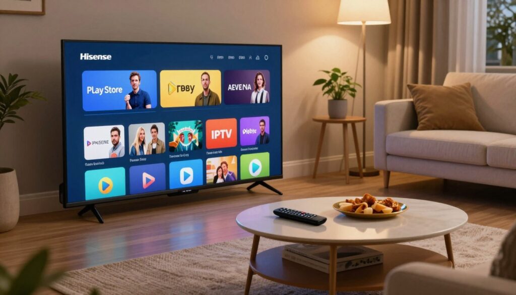 A cozy living room setting featuring a modern Hisense Smart TV prominently displaying the Play Store interface. In the foreground, the TV screen shows a vibrant selection of IPTV apps, with colorful app icons neatly arranged. The middle ground features a stylish, contemporary coffee table with a remote control and snacks, inviting relaxation. Soft ambient lighting bathes the room, creating a warm and welcoming atmosphere. The background includes a comfortable couch and decorative plants, enhancing the domestic feel. The angle of the image is slightly tilted downward from above the couch, providing a clear view of the TV screen and the inviting space around it. The overall mood is encouraging, portraying a user-friendly experience for finding and installing applications.