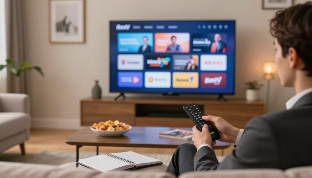 A cozy living room setting featuring a modern television displaying various legal live TV streaming options on the screen, such as logos of known services. In the foreground, a person in professional business attire is seated comfortably on a couch, using a Roku remote while contemplating their viewing choices. The middle ground includes a stylish coffee table with snacks and a notebook for taking notes on the services. The background shows a well-decorated wall with framed pictures and soft lighting that creates a warm, inviting atmosphere. The image should convey a sense of comfort and decision-making, ideal for the context of selecting licensed IPTV services. Utilize soft, ambient lighting with a focus on the television screen, with a slightly blurred background to emphasize the viewer's engagement.