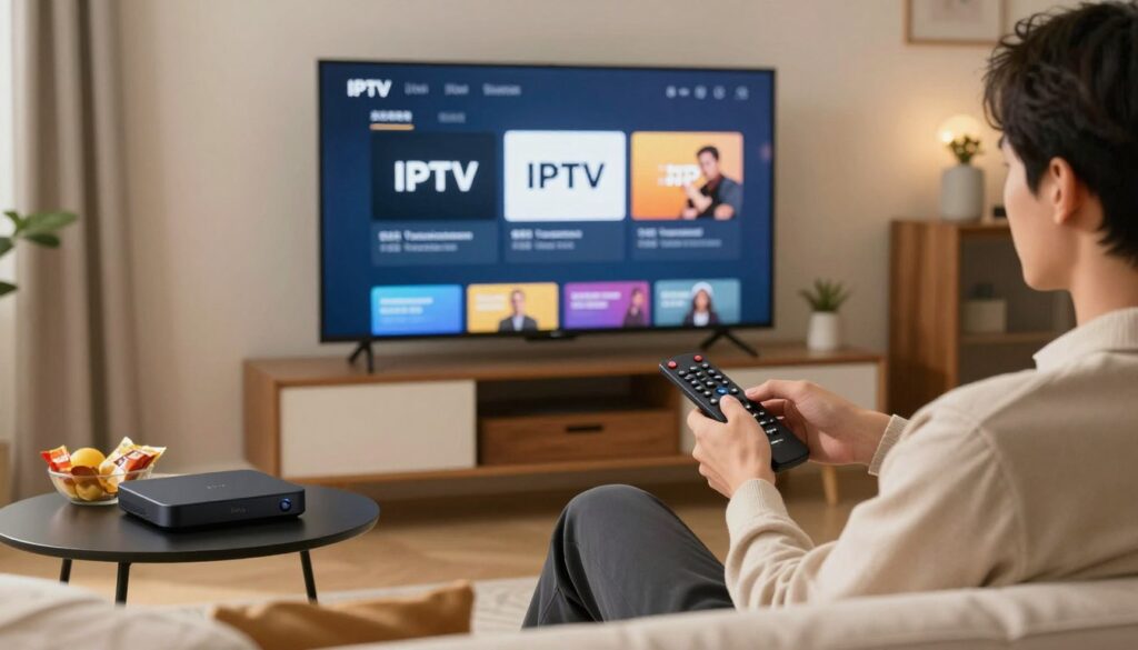 A cozy living room setting featuring a sleek Roku device connected to a modern TV displaying the IPTV app installation screen. In the foreground, a well-dressed individual, wearing smart casual attire, sits on a comfortable couch, focused on using a remote control. The middle ground shows a clear view of the TV screen depicted in vivid detail, highlighting the IPTV app interface with installation steps visible. In the background, soft lighting creates a warm and inviting atmosphere, complemented by tasteful decor and a small side table with a few snacks. The image should convey a sense of ease and simplicity in the installation process, capturing a moment of engaging technology use.