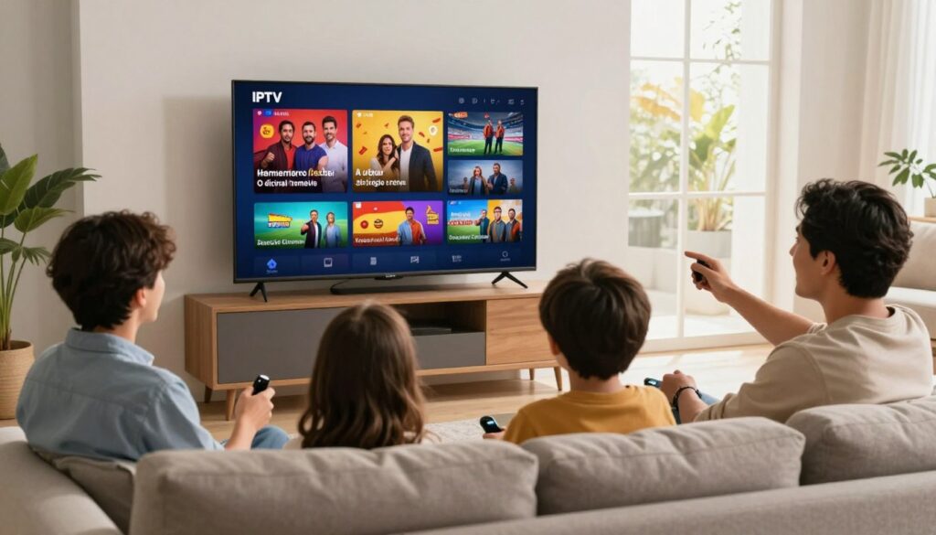 A cozy living room setting featuring a sleek, modern TV displaying vibrant local Spanish channels. In the foreground, a family of four—dressed in modest casual clothing—sits comfortably on a stylish couch, enjoying their IPTV experience with expressions of engagement and excitement. The middle ground showcases the high-definition television with clear, colorful images from popular Spanish shows and sports events, emphasizing the diversity of content. The background features a bright window with sunlight streaming in, illuminating the space and creating a warm, inviting atmosphere. The overall mood is lively and familial, reflecting the shared joy of watching quality entertainment at home. Use soft, natural lighting to convey a sense of comfort and connection.