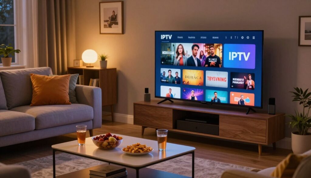 A cozy living room setting with a sleek modern television displaying a vibrant streaming service interface showcasing popular movies and Nordic Noir titles. In the foreground, a stylish coffee table with snacks and drinks, emphasizing relaxation and entertainment. The middle layer features a plush sofa with colorful throw pillows, inviting viewers to sit back and enjoy on-demand content. In the background, soft ambient lighting casts a warm glow that enhances the intimate atmosphere of a movie night. The scene is captured from a slightly elevated angle, creating a dynamic perspective, and the overall mood is inviting and cinematic, perfect for illustrating the essence of IPTV services in Sweden.