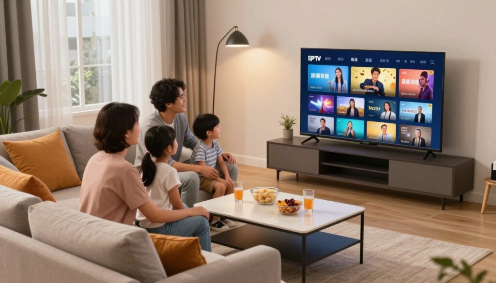 A cozy, modern living room featuring a stylish flat-screen TV displaying an engaging IPTV interface. In the foreground, a comfortable sofa adorned with vibrant cushions and a sleek coffee table with snacks and drinks. In the middle, a happy family of four dressed in casual, modest clothing, sitting together with joy and fascination as they explore various IPTV options on the screen. In the background, soft ambient lighting enhances the warm atmosphere of the room, creating a relaxed viewing experience. The scene is captured from a slightly elevated angle, showcasing the inviting layout and highlighting the family's interaction with the technology.
