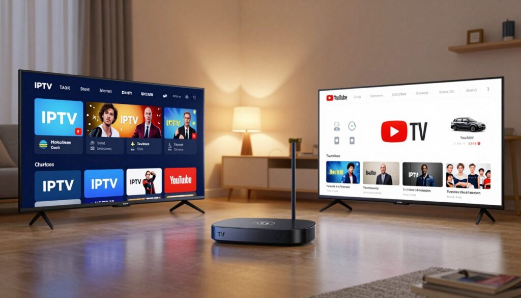 A detailed and visually engaging comparison image of IPTV vs YouTube TV. In the foreground, depict two distinct television screens: one showcasing IPTV with vibrant channel logos and streaming options, the other displaying YouTube TV with its signature play button and video thumbnails. In the middle, illustrate a digital device setup, including a sleek IPTV box and a smart TV interface. The background should feature a calm living room setting, with warm lighting creating a cozy atmosphere. Use a wide-angle lens perspective to capture the details clearly. The overall mood should convey a sense of innovation and modern technology, reflecting the contrasting features of these two TV services in a professional and inviting manner.