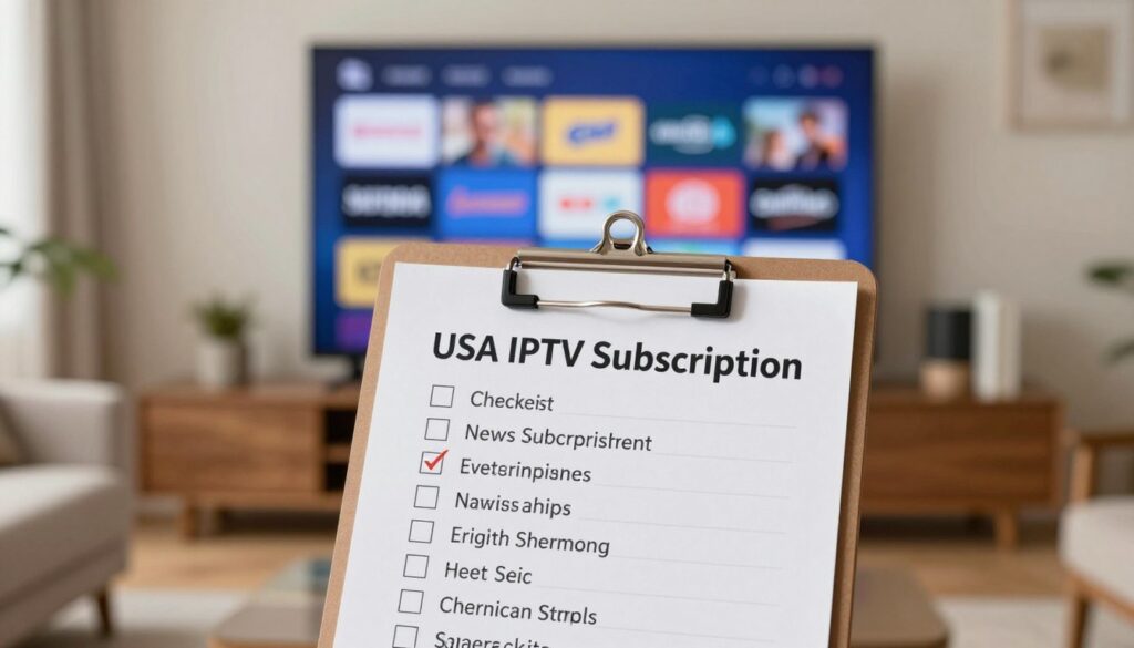 A detailed checklist graphic featuring "USA IPTV Subscription" channels prominently displayed. In the foreground, illustrate a clipboard with a neatly organized checklist, including icons representing popular American channels like news, sports, and entertainment. The middle ground should showcase a well-lit living room setting, with a stylish TV displaying various channel logos. In the background, soft, ambient lighting creates a cozy atmosphere, suggesting a home environment suitable for streaming. Use a shallow depth of field to keep the focus on the checklist while gently blurring the surroundings. The overall mood should be informative yet inviting, embodying the essence of modern streaming solutions without any text or distractions.