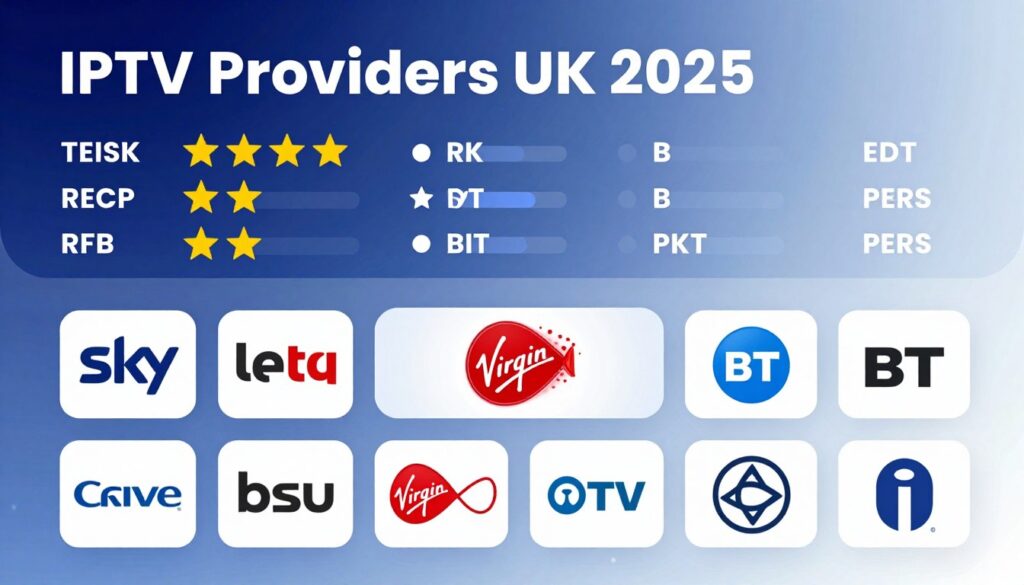 A detailed comparison infographic showcasing the top IPTV providers in the UK for 2025. In the foreground, display iconic logos of leading services such as Sky, Virgin Media, BT, and others, arranged in a visually appealing grid format. The middle layer features visual indicators like stars or rating bars to signify service quality and customer satisfaction ratings. The background should be a subtle gradient in blue and white tones, evoking a modern digital atmosphere to imply technology and innovation. Soft, professional lighting enhances the clarity of the logos and ratings. Use an isometric perspective to create depth while maintaining a clean, uncluttered layout. The overall mood should be informative, engaging, and professional, suitable for a tech-savvy audience.
