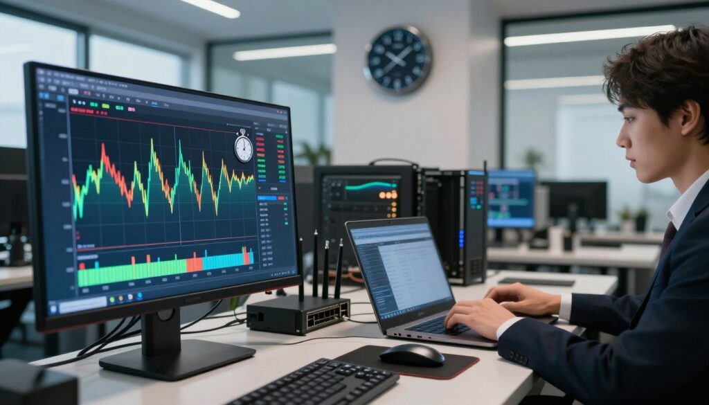 A detailed, high-tech workspace themed around measuring latency. In the foreground, a sleek computer monitor displays a colorful latency measurement graph with fluctuating lines, numbers, and a prominent stopwatch. To the right, a person in professional business attire is diligently typing on a laptop, concentrating on the screen, surrounded by technical tools like a network router and ethernet cables. The middle ground features a digital clock on the wall showing the precise current time in a sophisticated office with ambient lighting, reflecting a focused atmosphere. The background includes large windows allowing natural light to stream in, highlighting a professional environment. The angle captures the entire scene from a slightly elevated perspective, creating a sense of clarity and professionalism in the measurement of stream delay.