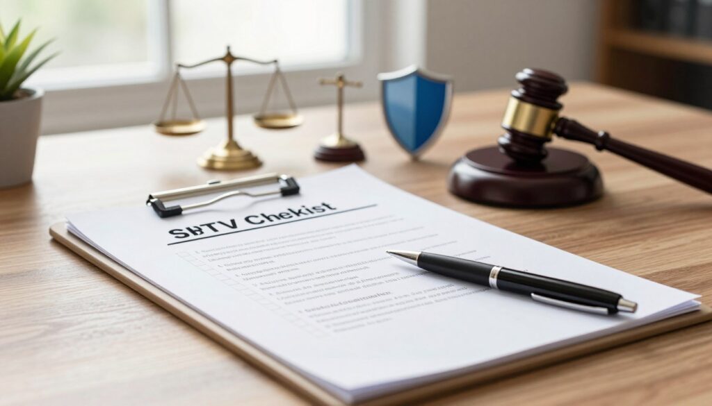 A detailed legal and safety checklist laid out on a sleek wooden desk, with a focus on a clipboard and pen prominently in the foreground. In the middle ground, images of various legal symbols such as scales of justice, a gavel, and a shield representing safety are subtly integrated around the checklist, hinting at the importance of following regulations while exploring IPTV subscriptions. The background features soft-focus elements of an office environment with a window providing natural light that creates a warm and professional atmosphere. The overall mood reflects responsibility and diligence, ideal for conveying the seriousness of legal compliance and safety precautions.