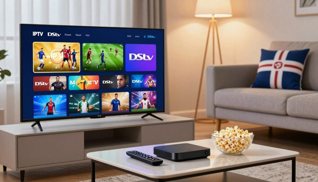 A detailed visual comparison of IPTV streaming services and DStv, set in a contemporary living room. In the foreground, a sleek smart TV displays side-by-side screenshots of two interfaces: one representing an IPTV service with vibrant colors and a diverse range of sports channels, and the other showcasing DStv's recognizable layout. In the middle, a stylish coffee table holds a remote control and streaming device, accentuated by a bowl of popcorn, inviting a cozy viewing experience. The background features a modern couch with a sports-themed throw pillow and soft ambient lighting creating a warm, engaging atmosphere. The overall mood is energetic yet relaxed, ideal for sports enthusiasts, with bright, clear lighting to emphasize the details of the streaming interfaces.