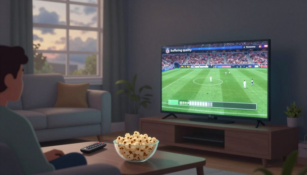 A digital illustration depicting the concept of "buffering quality" in IPTV streaming. In the foreground, a modern living room with a sleek TV displaying a frozen frame of an NFL game, with buffering symbols appearing on the screen. The middle layer presents a cozy couch with a remote and a bowl of popcorn, hinting at a relaxed viewing experience. In the background, a window showing a cloudy day outside, with dim sunlight filtering through, creating a muted yet engaging atmosphere. The lighting is soft and ambient, highlighting the home environment. The overall mood is slightly tense yet inviting, reflecting the anticipation of watching a game interrupted by buffering issues. The image should evoke a sense of urgency about streaming quality.