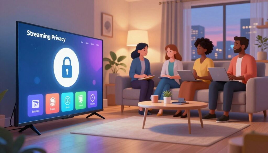 A digital illustration depicting the concept of streaming privacy in the context of IPTV. In the foreground, a sleek, modern Smart TV displays a colorful user interface with icons symbolizing privacy, such as a padlock and a shield. In the middle ground, a diverse group of individuals, dressed in professional attire, sit comfortably on a stylish sofa, engaged in a conversation about online security. The background features a cozy living room with soft, warm lighting, emphasizing a relaxed yet informed atmosphere. Include a window showing a cityscape at dusk, adding depth to the scene. The overall mood should convey both a sense of technology and the importance of privacy in a digital age, evoking trust and awareness.