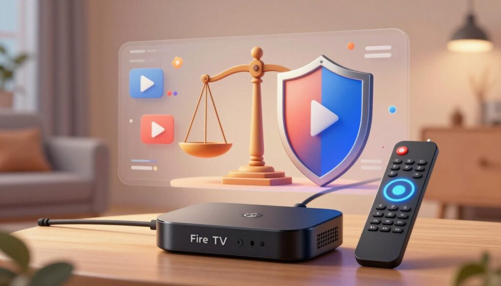 A digital illustration depicting the legal and safety considerations of using IPTV services on a Fire TV Stick. In the foreground, a sleek black Fire TV Stick is prominently featured, with a glowing remote control beside it. The middle layer includes an abstract representation of legal symbols like scales of justice and a shield, symbolizing protection and compliance, set against a backdrop of streaming content icons such as play buttons and video streams. The background features a modern living room environment with soft, ambient lighting that creates a professional atmosphere. A warm color palette conveys a sense of trust and security, emphasizing the importance of safety in IPTV usage. The entire composition is harmonious, reflecting a balance between technology and legal responsibility, without any text or watermarks.