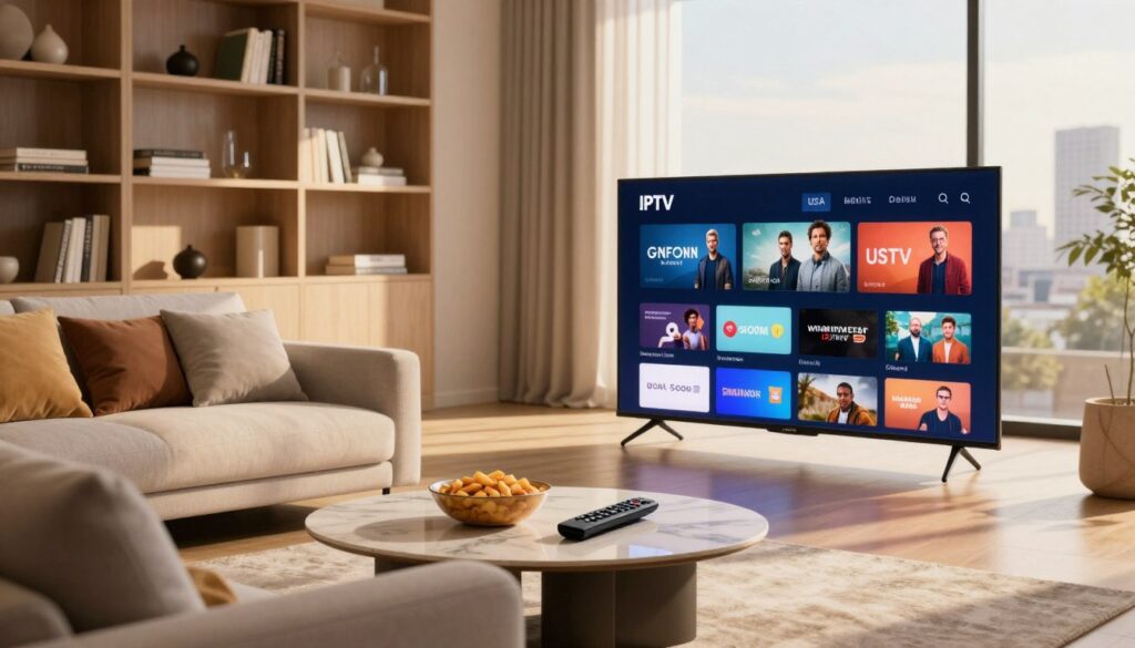 A dynamic and modern living room setting that showcases the concept of IPTV streaming services in the USA. In the foreground, a sleek, large-screen television displays a vibrant interface of popular streaming channels. A comfortable couch adorned with cushions is positioned invitingly, with a stylish coffee table featuring a remote control and snack bowl. In the middle-ground, soft lighting creates a warm ambiance, enhancing the overall inviting atmosphere. The background consists of bookshelves with neatly arranged books and decorative elements, with a subtle hint of cityscape visible through a large window. The image should evoke a sense of comfort and modernity, suggesting an ideal space for cord-cutters to enjoy their favorite shows. The perspective is slightly angled, giving depth to the scene, illuminated by warm, natural sunlight streaming through the window.