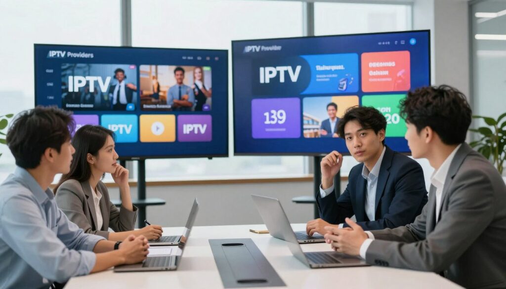 A dynamic comparison scene showcasing various IPTV providers. In the foreground, two diverse groups of business professionals, one group in formal business attire and the other in modest casual clothing, are engaged in animated discussions and consultations around a sleek, modern conference table. In the middle ground, display large digital screens showing vibrant graphics representing different IPTV services and their features, such as streaming quality and subscription plans. The background features a contemporary office setting with large windows letting in soft, natural light, creating an inviting atmosphere. Capture a lively, collaborative mood, with thoughtful expressions on the faces of the professionals. The image should have a slight tilt, adding depth and energy to the composition, emphasizing the interaction and comparison of services.