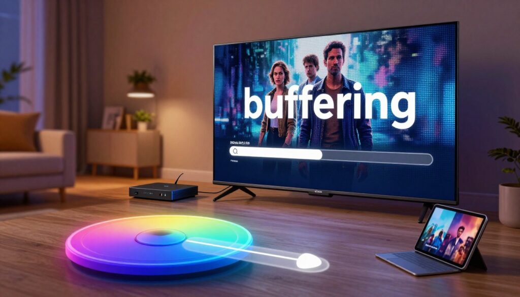 A dynamic digital illustration showcasing the concept of "buffering" in a streaming context. In the foreground, an animated progress spinner with a vibrant gradient, conveying the motion of buffering. The middle ground features a sleek, high-tech living room setup with a large, ultra HD television displaying a pixelated image of a film waiting to load. Several modern gadgets like a 4K set-top box and a tablet are scattered around. The background is softly blurred, depicting a home environment with ambient lighting to create a cozy yet high-tech atmosphere. The lighting should be warm and inviting, highlighting the contrast between the rich colors of the room and the bright screen. The angle captures a slight perspective view, enhancing the sense of anticipation and modern convenience in movie streaming.