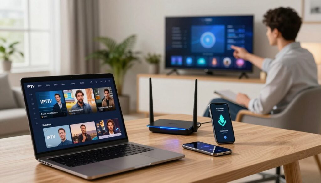 A dynamic home office scene showcasing a modern workspace dedicated to IPTV streaming. In the foreground, a sleek laptop displays an IPTV app interface with smooth playback visuals, while a smartphone beside it shows internet speed test results indicating high download speeds. The middle layer features an organized desk with a high-quality router emitting blue LED lights, symbolizing strong connectivity. A focused individual in business casual attire adjusts the smart TV settings in the background, surrounded by a well-decorated room with plants and ambient lighting. Soft natural light flows in from a nearby window, creating a productive and inviting atmosphere that emphasizes the importance of a reliable home network for smooth streaming experiences.