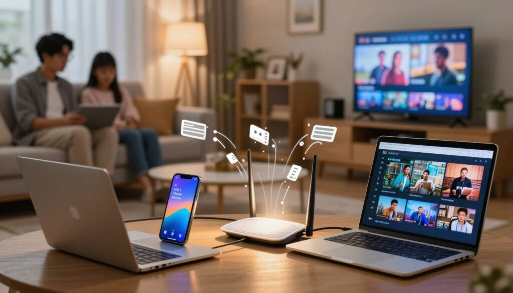A dynamic image depicting a busy home network setup illustrating bandwidth competition. In the foreground, a sleek laptop is connected to a wireless router, showing various devices like smartphones, tablets, and smart TVs competing for bandwidth. The middle ground features an animated visual representation of data packets flowing between these devices, with some packets hesitating or stuttering to symbolize buffering. In the background, a cozy living room with soft, warm lighting emphasizes a home environment where families engage in various streaming activities. A focal point of light highlights the router, symbolizing its critical role. The atmosphere is slightly tense, reflecting frustration mixed with a sense of technological advancement. The overall composition captures the urgency of addressing bandwidth issues in an everyday setting.