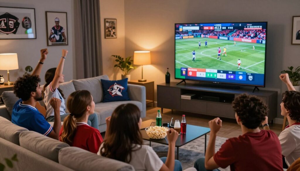 A dynamic living room scene designed for sports fandom, showcasing a large smart TV prominently displaying various live sports channels. In the foreground, a diverse group of individuals, dressed in casual sports attire, joyfully cheering while watching the thrilling action on screen. Include essentials like popcorn and beverages scattered around for an inviting atmosphere. The middle layer features a modern and stylish sectional sofa adorned with team-themed cushions, while the background reveals a slightly blurred sports memorabilia wall, accentuating the theme of sports entertainment. The lighting is warm and inviting, coming from strategically placed lamps, casting a soft glow that enhances the excitement in the room. The mood is vibrant and energetic, capturing the essence of a game day gathering among sports enthusiasts.