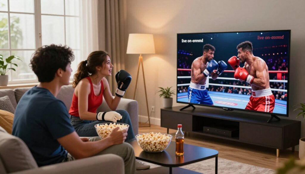 A dynamic scene capturing the essence of "live on-demand" boxing content. In the foreground, a high-tech living room featuring a large flat-screen TV displaying a boxing match replay, showing two boxers in action with intense expressions. The middle ground includes a comfortable sofa with a couple of individuals, a man and a woman, both dressed in casual sports attire, engaged and excited, sharing popcorn as they watch. The background has large windows letting in warm, natural light, creating an inviting ambiance. The atmosphere is lively yet relaxed, emphasizing the joy of watching fights whenever one wishes. Soft lighting highlights the excitement and engagement of the moment without any distractions.