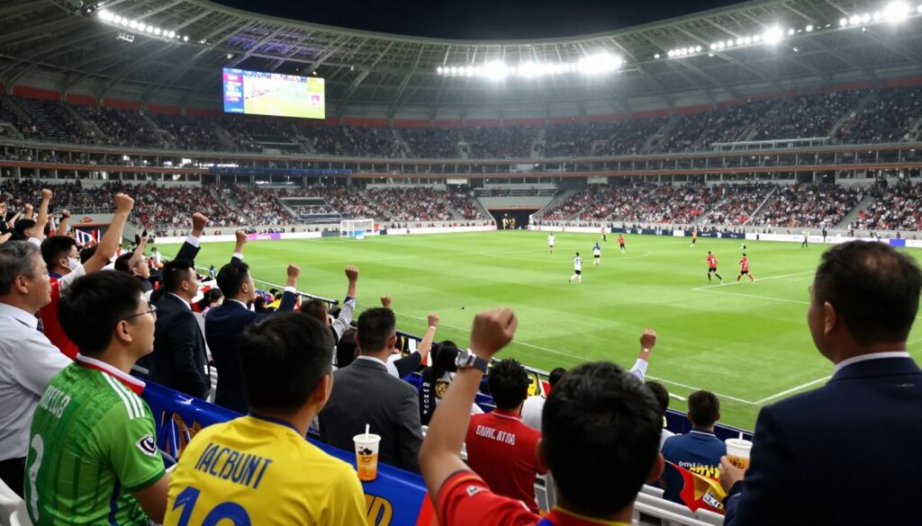 A dynamic scene capturing the excitement of live sports inside a bustling stadium, featuring a diverse crowd of spectators in professional business attire passionately cheering for their teams. In the foreground, a close-up of vibrant jerseys and colorful banners reflects intense emotions, with some fans holding snacks and drinks. In the middle ground, a well-lit playing field showcases athletes in action, a soccer match in progress, with players sprinting and dribbling the ball. The background includes a high-tech scoreboard and vibrant stadium lights illuminating the scene, enhancing the atmosphere of competition and camaraderie. The angle captures the energy from a slightly elevated perspective, reinforcing the excitement of watching live sports, while soft focus effects create a sense of motion, immersing viewers in the exhilarating world of live athletics.
