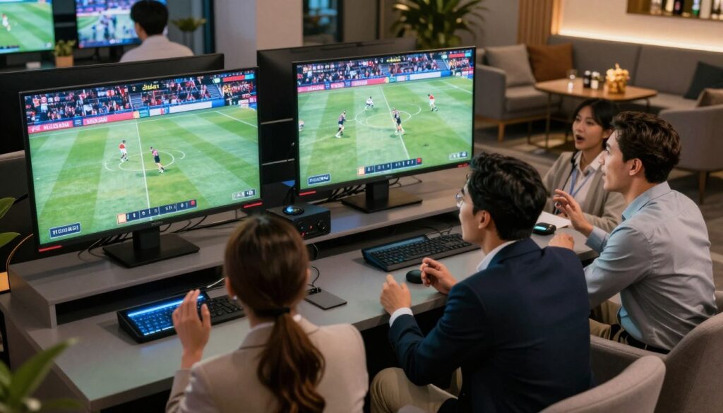 A dynamic scene illustrating live sports streaming in a high-tech environment, featuring multiple large screens displaying thrilling moments from various sporting events. In the foreground, a diverse group of four people in professional business attire are intently focused on the screens, with expressions of excitement and engagement. The middle ground showcases sleek modern equipment, including streaming devices and digital interfaces, radiating soft blue light. In the background, a stylish lounge area with comfortable seating, equipped with snacks and beverages, hints at a casual yet focused atmosphere for sports viewing. The lighting is bright but cozy, casting a warm glow over the scene, enhancing the sense of immersion in the live sports experience. The angle is slightly elevated, providing a clear overview of the interaction and engagement of the viewers.