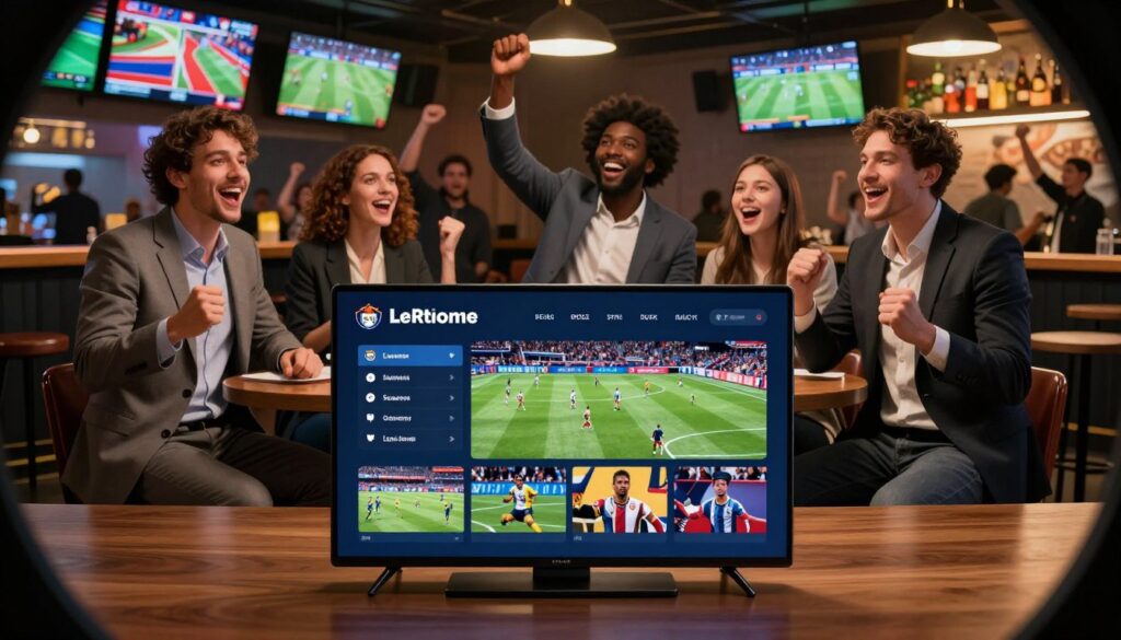 A dynamic scene showcasing a digital representation of a league coverage platform, emphasizing sports streaming for passionate fans. In the foreground, display a sleek, modern device like a tablet or smart TV with vivid graphics of various sports events, highlighting popular leagues. The middle ground features a diverse group of fans in professional business attire, intently watching and discussing the games, radiating excitement and enthusiasm. In the background, depict an energetic sports bar atmosphere with screens showing different games and fans celebrating. Use warm, inviting lighting to enhance the lively mood, capturing the thrill of sports fandom. A slight fisheye lens effect can help emphasize the vibrancy of this sports-focused setting.