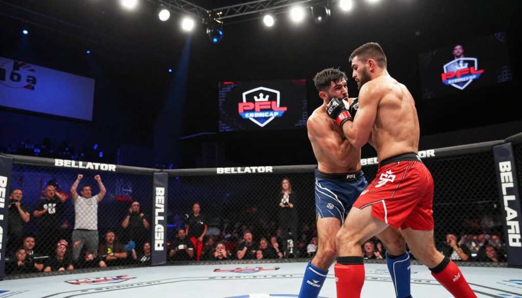 A dynamic scene showcasing an MMA fight in action, featuring two professional fighters in a Bellator and PFL matchup. The foreground captures the intense expressions of the athletes, clad in vibrant fight gear, as they engage in a grappling exchange. In the middle ground, a diverse crowd of fans, dressed in casual sporty attire, is passionately cheering, showcasing excitement and anticipation. The background features a modern fight arena with bright overhead lights illuminating the octagon, creating a dramatic atmosphere. The arena's digital screens display images of the competitors alongside a large logo for Bellator and PFL, adding vibrancy to the scene. The perspective is slightly tilted, enhancing the energy, while the overall mood is one of anticipation and high stakes in the world of combat sports.