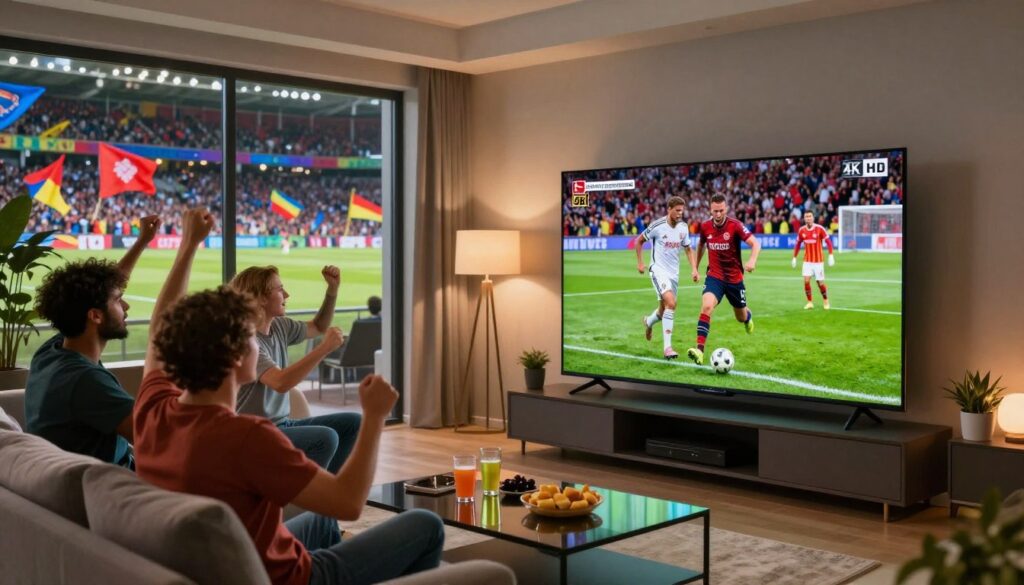 A dynamic sports scene featuring a thrilling Bundesliga football match being broadcasted in stunning 4K resolution. In the foreground, capture a high-tech living room with a large, flat-screen TV displaying a vivid game, showcasing players in action, dressed in their club uniforms. A group of diverse fans, depicted in casual clothing, cheer excitedly, with drinks and snacks around them. The middle ground should feature the living room's cozy decor, emphasizing a modern ambiance with warm lighting. In the background, through a large window, a vibrant stadium atmosphere, with fans waving flags and colorful banners, reflects the energy of a live Bundesliga game. The overall mood is exhilarating and engaging, emphasizing the joys of watching football in ultra HD quality.