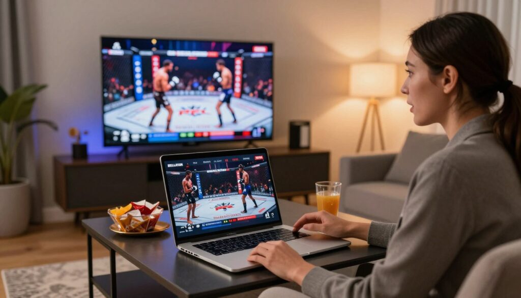 A dynamic sports streaming setup featuring a sleek laptop with a high-resolution screen displaying a Bellator and PFL fight. In the foreground, a professional businessperson in smart casual attire intently watches the fight, their expression reflecting excitement. The middle ground includes a modern living room with comfortable furniture, a coffee table strewn with snacks and drinks, and a subtle glow from a smart TV mounted on the wall, emphasizing the streaming aspect. In the background, soft ambient lighting casts a warm atmosphere, highlighting the excitement of MMA events. The overall mood is vibrant and engaging, showcasing how viewers can enjoy the thrill of combat sports from the comfort of their home in a legal and professional context.