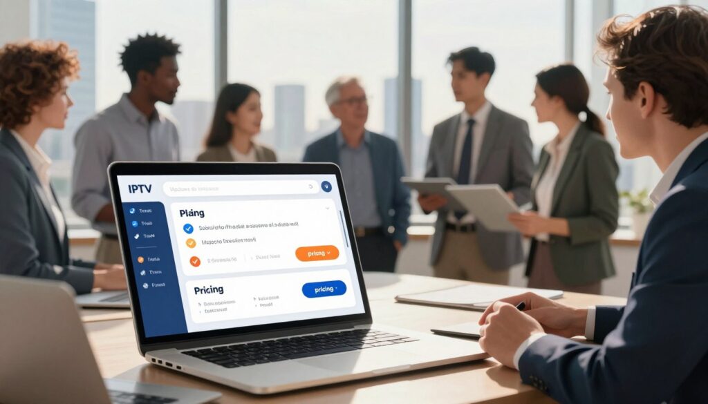 A high-contrast, detailed illustration depicting a modern digital interface showcasing subscription plans for IPTV services. In the foreground, a laptop displays vibrant subscription options, with checkmarks next to trial periods and highlighted "pricing" buttons. The middle ground features a diverse group of professionals in business attire discussing the plans animatedly, emphasizing collaboration and inquiry. In the background, a city skyline is visible through an office window, bathed in warm, natural light that suggests a hopeful atmosphere. Soft shadows enhance depth while maintaining focus on the actionable elements of the subscription trials. The overall mood is engaging and informative, perfectly representing the nuances of pricing and trials in a contemporary digital environment.
