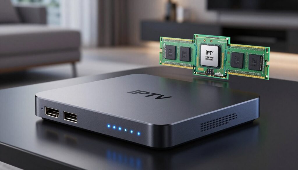 A high-resolution close-up of a premium IPTV box, showcasing its sleek and modern hardware design. The foreground features the box with textured surfaces, illuminated LED indicators, and distinct ports like HDMI and USB, reflecting high technology. In the middle ground, a well-organized arrangement of RAM modules and a prominent processor chip are displayed, emphasizing performance specs in a clean and professional layout. The background is softly blurred, hinting at a contemporary living room with subtle ambient lighting, creating a focus on the hardware. The overall atmosphere is sophisticated and technical, capturing the essence of cutting-edge technology in home entertainment, with a balanced composition and crisp details.