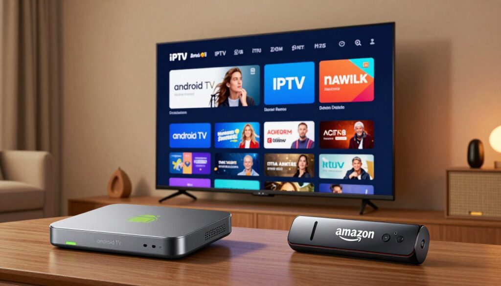 A high-resolution image comparing Android TV and Firestick for IPTV. In the foreground, two sleek devices: the Android TV box on the left, featuring a minimalist design with subtle green accents, and the Amazon Firestick on the right, showcasing its compact form with a glossy finish. In the middle, a vibrant split-screen displays popular streaming interfaces from both platforms, highlighting their unique layouts and features. The background features a cozy living room setting, softly lit with warm ambient lighting creating a relaxed atmosphere. A large TV on the wall reflects the streaming content clearly visible on both interfaces. Capture this scene from a slightly elevated angle, ensuring a balanced view of both devices and interfaces, emphasizing their differences in a professional, informative manner.