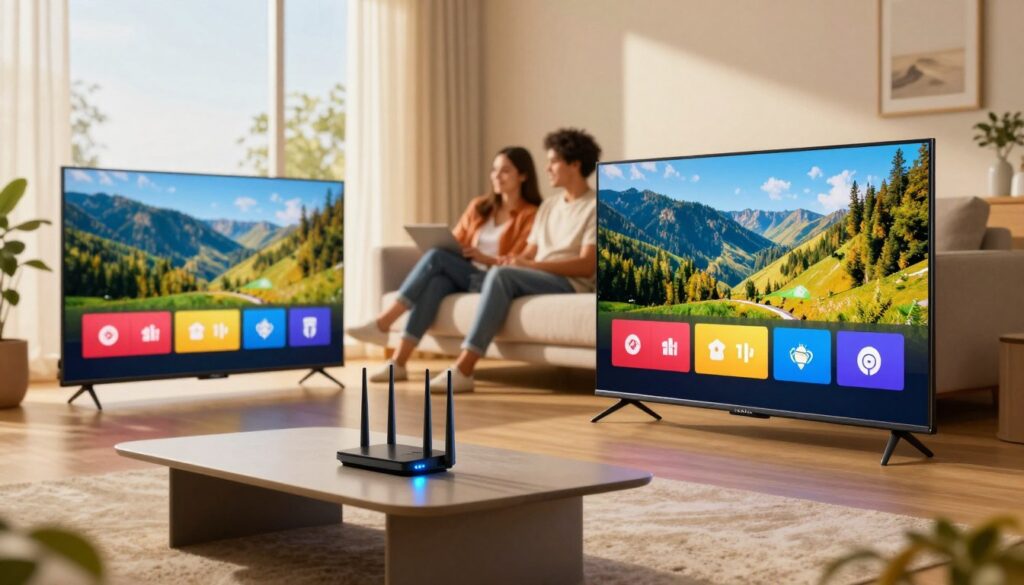 A high-tech living room setup showcasing IPTV streaming quality. In the foreground, a sleek, modern smart TV displays vibrant Brazilian landscapes and channel logos in vivid colors. A stylish, minimalist coffee table with a high-speed router emits glowing lights indicating robust internet connection. The middle features a comfortable sofa with a couple of diverse individuals in casual clothing, focused on the screen, enjoying their streaming experience. In the background, large windows let in warm, natural light, creating a cozy atmosphere. The colors are bright and inviting, emphasizing a sense of connection and enjoyment. The camera angle is slightly angled downwards to capture the interaction and ambiance, enhancing the mood of relaxation and quality entertainment in a contemporary home setting.