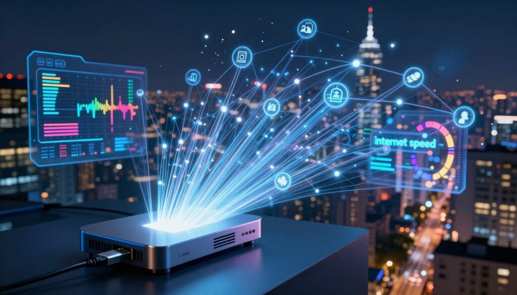 A high-tech scene depicting the concept of "internet speed" visualized through a dynamic network of glowing data streams and digital icons. In the foreground, a sleek, futuristic modem emits bright beams of light symbolizing high-speed data transfer. The middle ground features a digital interface displaying fluctuating speed metrics with vibrant colors. The background showcases a stylized cityscape, illuminated at night, with interconnected lines representing fiber-optic networks. The atmosphere is energetic and fast-paced, emphasizing modern connectivity. Soft, focused lighting provides clarity to the modem and digital screens while creating an intriguing contrast against the darker city silhouette. A wide-angle perspective enhances the sense of depth and technology.