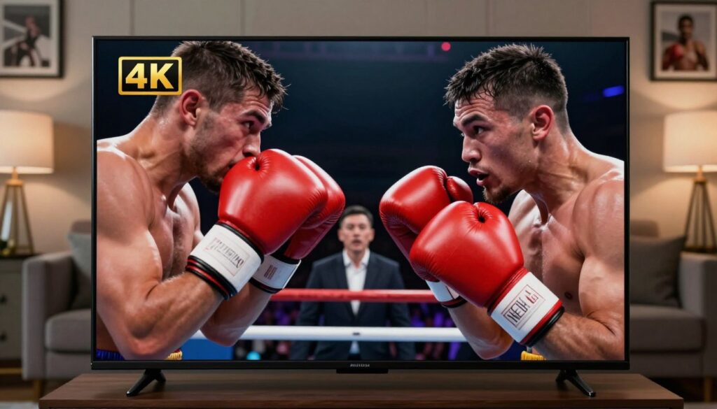A highly detailed, dynamic scene showcasing a close-up of a boxing match viewed on a sleek, modern TV screen displaying 4K quality. In the foreground, the vibrant colors of the fighters’ gloves and attire pop against the sharp clarity of the image. The TV is set in a cozy living room, with elegant furniture and soft ambient lighting that emphasizes the vividness of the fight. In the middle ground, a well-dressed viewer sits on a plush couch, eyes glued to the screen, reflecting excitement and anticipation. The background features atmospheric decorations, such as dimmed lamps and framed boxing memorabilia. The overall mood is intense and electrifying, capturing the essence of live sports excitement and the superior visual performance of 4K streaming.