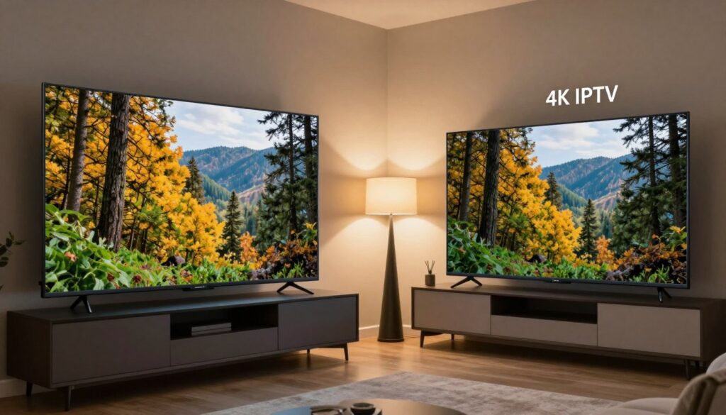 A highly detailed side-by-side comparison image showcasing 4K IPTV and cable picture quality. In the foreground, the left side displays a vibrant 4K IPTV screen featuring a nature scene with vivid colors, high contrast, and incredible detail, while the right side presents a cable TV version of the same scene that appears slightly muted and less detailed. The middle ground shows a sleek modern living room setup, with a stylish TV stand and minimalist decor. In the background, softly lit warm ambient light highlights the room, creating a comfortable viewing atmosphere. The angle is slightly elevated, capturing both screens clearly, without any text or distractions, delivering a professional and informative visual representation of the quality comparison.